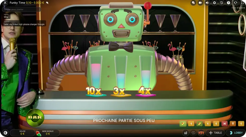 Écran de Funky Time avec animateur et multiplicateurs 10x, 3x, 4x