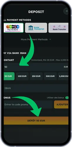 Écran de dépôt avec méthodes de paiement et options de montant