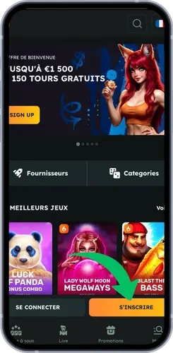 Accueil avec bannière bonus 1500 € et jeux populaires