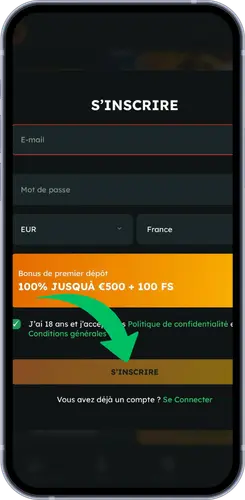 Formulaire d'inscription avec bonus de bienvenue